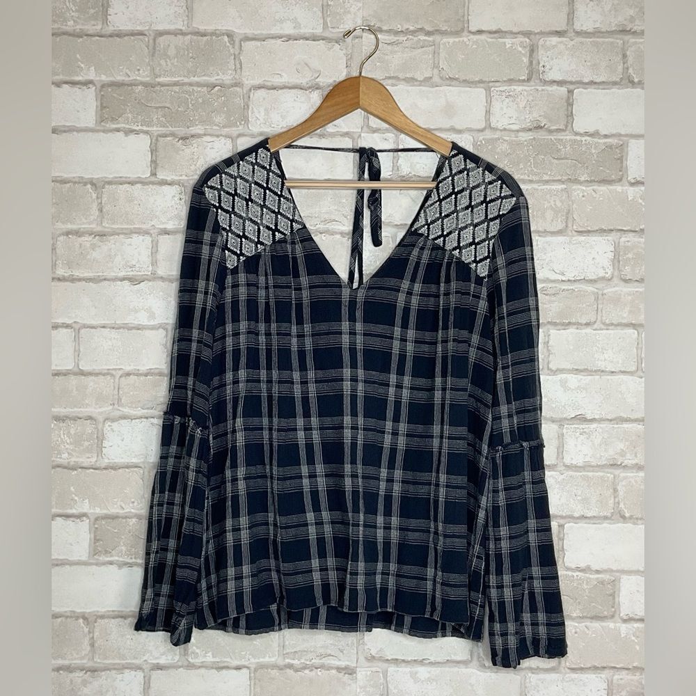 Caslon Navy & White Plaid Bell Sleeve Blouse Size L